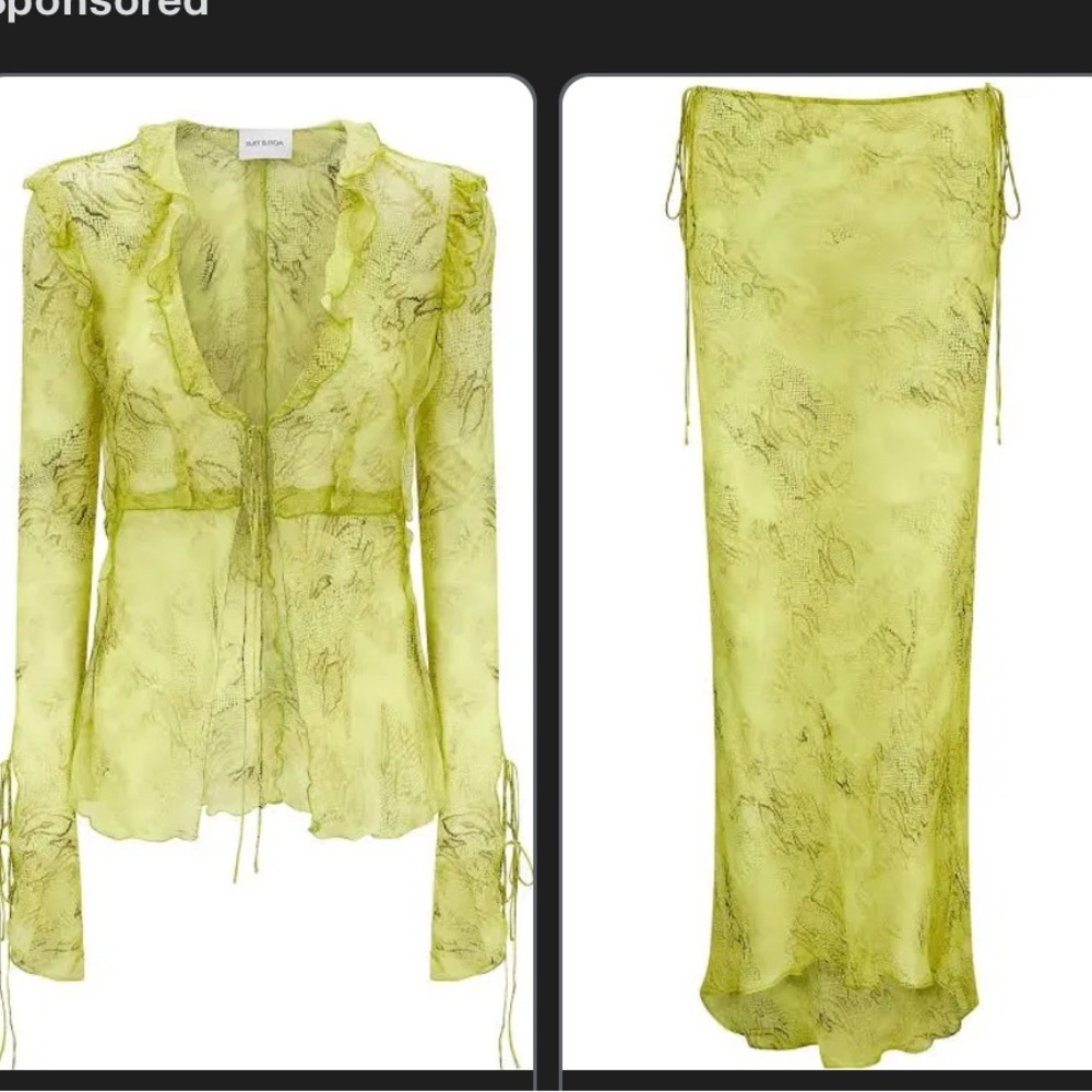Rat & Boa Cobra Lime Green SET Blouse Top and Skirt Sheer Tie Long Sleeve